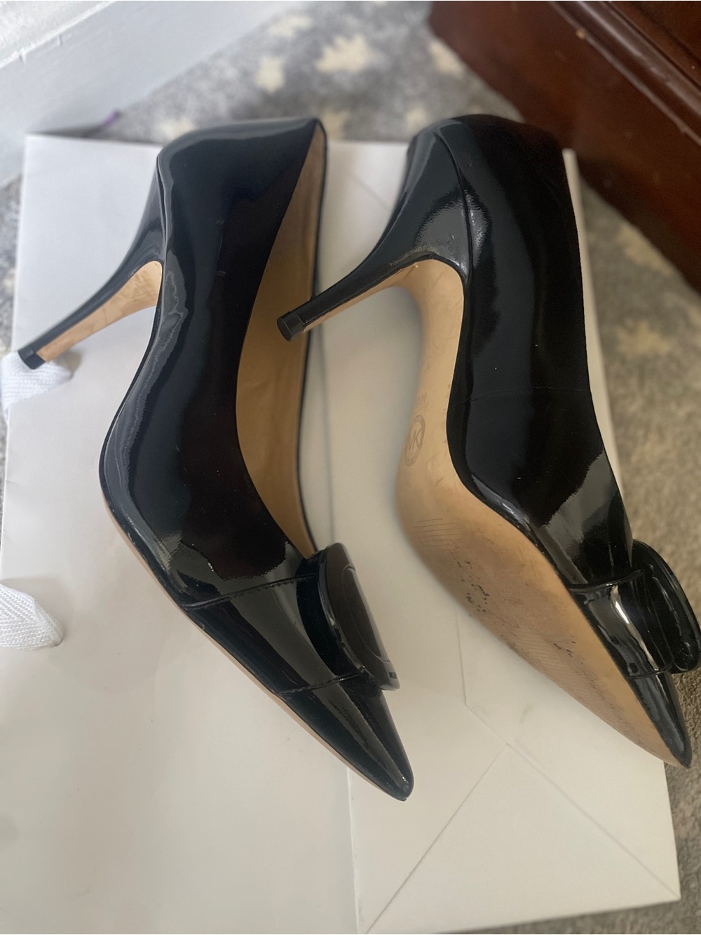 Michael Kors Black Patent Pointed-Toe Pumps with Signature Buckle - Picture 3 of 4